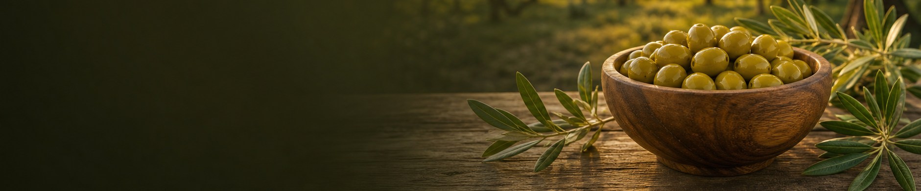 Zeytin bahçesinde ahşap kasede doğal yeşil zeytinler